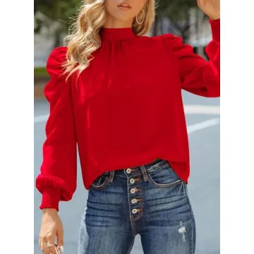 Dokotoo Womens 2024 Fall Fashion Tops Puff Long Sleeve High Neck Tunic Top Casual Chiffon Pullover Shirts and Blouses for Women Loose Shirts Clothes Red Small