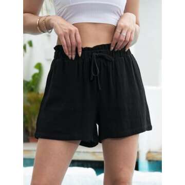 Fancysters Womens Linen Casual Shorts High Waisted Cotton Shorts Summer Flowy Beach Drawstring Shorts with Pockets (C2-Black-XL)