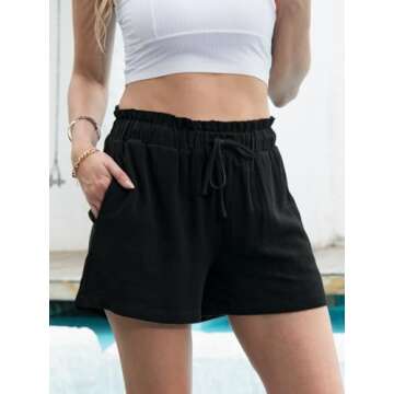 Fancysters Womens Linen Casual Shorts High Waisted Cotton Shorts Summer Flowy Beach Drawstring Shorts with Pockets (C2-Black-XL)