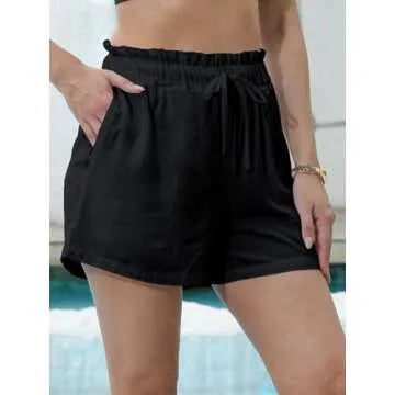 Fancysters Womens Linen Casual Shorts High Waisted Cotton Shorts Summer Flowy Beach Drawstring Shorts with Pockets (C2-Black-XL)