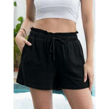 Fancysters Womens Linen Casual Shorts High Waisted Cotton Shorts Summer Flowy Beach Drawstring Shorts with Pockets (C2-Black-XL)