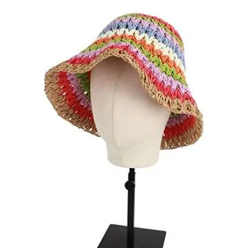 Minache Foldable Wide Brim Colorful Crochet Straw Hat Outdoor Sun Visor Hat UPF 50+ Summer for Women Girl， A-style1