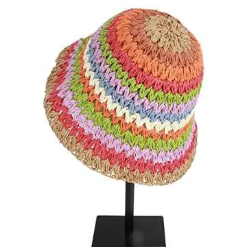 Minache Foldable Wide Brim Colorful Crochet Straw Hat Outdoor Sun Visor Hat UPF 50+ Summer for Women Girl， A-style1