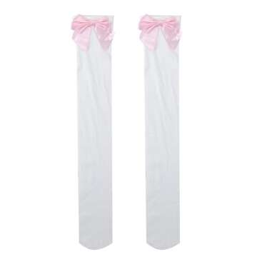Bestjybt Women's Satin Bow Stockings Thigh High Over Knee Stockings Party Socks (White+Pink)