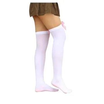 Bestjybt Women's Satin Bow Stockings Thigh High Over Knee Stockings Party Socks (White+Pink)
