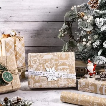 RUSPEPA Christmas Kraft Wrapping Paper - 3 Rolls of Holiday Joy
