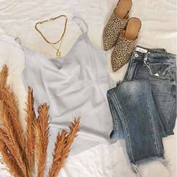 Aoulaydo Women's Spaghetti Straps V Neck Satin Camisole Cowl Neck Cami Tank Top Silk Camisole Sleeveless Blouses Light Grey