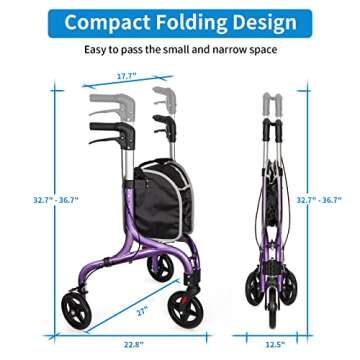 Planetwalk Premium 3 Wheel Rollator Walker for Seniors - Ultra Lightweight Foldable Walker for Elder...