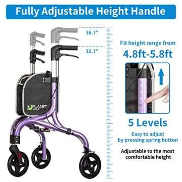 Planetwalk Premium 3 Wheel Rollator Walker for Seniors - Ultra Lightweight Foldable Walker for Elderly, Aluminum Three Wheel Mobility Aid, Dark Purple
