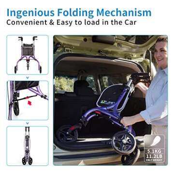 Planetwalk Premium 3 Wheel Rollator Walker for Seniors - Ultra Lightweight Foldable Walker for Elderly, Aluminum Three Wheel Mobility Aid, Dark Purple