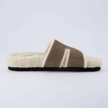 CUSHIONAIRE Cuddle Fur Slippers for Women Faux Shearling Slide Sandal +Memory Foam, cozy gifts for women, TAUPE 7.5