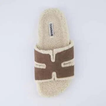 CUSHIONAIRE Cuddle Fur Slippers for Women Faux Shearling Slide Sandal +Memory Foam, cozy gifts for women, TAUPE 7.5