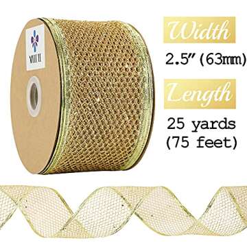 MEEDEE Glitter Wire Mesh Netting - Gold Christmas Ribbon, 2.5 Inch Wired Metallic Ribbon (25 Yards)