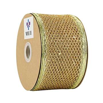 MEEDEE Glitter Wire Mesh Netting - Gold Christmas Ribbon, 2.5 Inch Wired Metallic Ribbon (25 Yards)