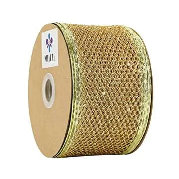 MEEDEE Glitter Wire Mesh Netting - Gold Christmas Ribbon, 2.5 Inch Wired Metallic Ribbon (25 Yards)