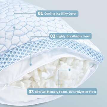 QUTOOL Double Sided Cooling Pillow for Hot Sleepers, Shredded Memory Foam Pillows King Size Set of 2, Adjustable Soft & Firm Gel Bed Pillow for Side, Back, Stomach Sleepers