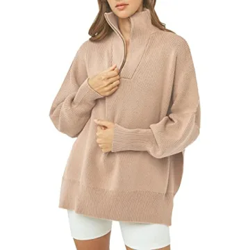 Imily Bela Womens Tunic Sweater Fall Long Sleeve 1/4 Zip Pullover Sweaters Oversized Slouchy Ribbed Knit Sweatshirt with Slit Khaki