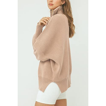 Imily Bela Womens Tunic Sweater Fall Long Sleeve 1/4 Zip Pullover Sweaters Oversized Slouchy Ribbed Knit Sweatshirt with Slit Khaki