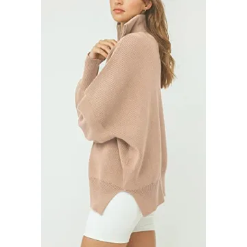 Imily Bela Womens Tunic Sweater Fall Long Sleeve 1/4 Zip Pullover Sweaters Oversized Slouchy Ribbed Knit Sweatshirt with Slit Khaki