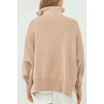 Imily Bela Womens Tunic Sweater Fall Long Sleeve 1/4 Zip Pullover Sweaters Oversized Slouchy Ribbed Knit Sweatshirt with Slit Khaki