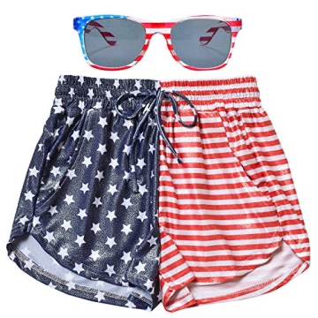 Patriotic USA Flag Metallic Shorts with Glasses for Women - Stylish & Comfortable
