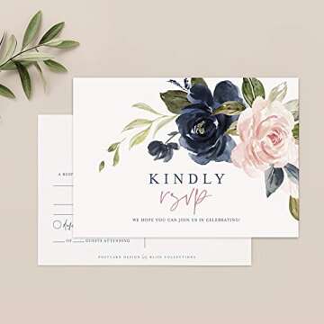 Bliss Collections RSVP Postcards, Navy Floral, Card Stock for Weddings, Receptions, Showers, Birthda...
