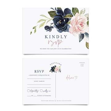 Bliss Collections RSVP Postcards, Navy Floral, Card Stock for Weddings, Receptions, Showers, Birthday Parties, Celebrations and Special Events, 4"x6" (Pack of 50)