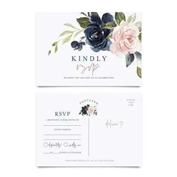 Bliss Collections RSVP Postcards, Navy Floral, Card Stock for Weddings, Receptions, Showers, Birthday Parties, Celebrations and Special Events, 4"x6" (Pack of 50)