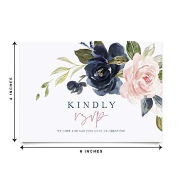 Bliss Collections RSVP Postcards, Navy Floral, Card Stock for Weddings, Receptions, Showers, Birthday Parties, Celebrations and Special Events, 4"x6" (Pack of 50)