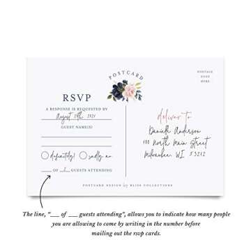 Bliss Collections RSVP Postcards, Navy Floral, Card Stock for Weddings, Receptions, Showers, Birthday Parties, Celebrations and Special Events, 4"x6" (Pack of 50)