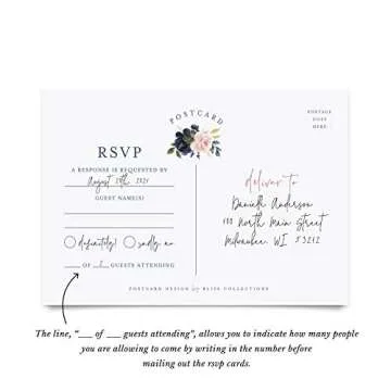 Bliss Collections RSVP Postcards, Navy Floral, Card Stock for Weddings, Receptions, Showers, Birthday Parties, Celebrations and Special Events, 4"x6" (Pack of 50)