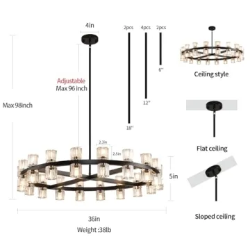 Elegant Knurldon 36" Black Round Chandelier with Bulbs