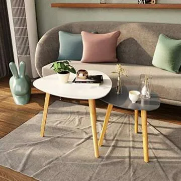 BAMEOS Bamboo Nesting Triangle End Table,Set of 2 Coffee Table Modern Minimalist Side Table for Living Room, Balcony in White & Grey