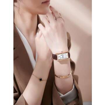 carlien Women Quartz Watch Lady Stylish Rectangle Dress Watch with Leather Strap and Sapphire Crown ...