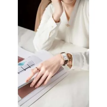 carlien Women Quartz Watch Lady Stylish Rectangle Dress Watch with Leather Strap and Sapphire Crown (Rose Green)