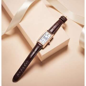 carlien Women Quartz Watch Lady Stylish Rectangle Dress Watch with Leather Strap and Sapphire Crown (Rose Green)