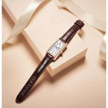 carlien Women Quartz Watch Lady Stylish Rectangle Dress Watch with Leather Strap and Sapphire Crown (Rose Green)