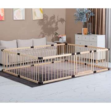 Conabay Large Baby Playpen Play Pen Fence Gate ,Baby Safety Wooden Guard Fence Play Area with Door,B...