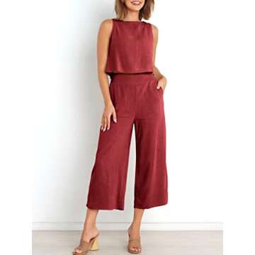 ANRABESS Women's Summer 2 Piece Outfits Sleeveless Crop Top Capri Wide Leg Pants Jumpsuit Casual Linen Lounge Matching Sets Beach Travel 2025 Trendy Clothes Wine Red Small