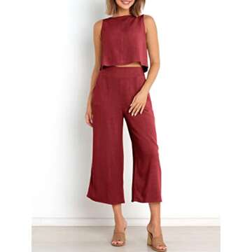 ANRABESS Women's Summer 2 Piece Outfits Sleeveless Crop Top Capri Wide Leg Pants Jumpsuit Casual Linen Lounge Matching Sets Beach Travel 2025 Trendy Clothes Wine Red Small