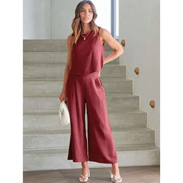 ANRABESS Women's Summer 2 Piece Outfits Sleeveless Crop Top Capri Wide Leg Pants Jumpsuit Casual Linen Lounge Matching Sets Beach Travel 2025 Trendy Clothes Wine Red Small