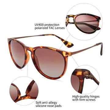 Polarized Sunglasses for Women Classic Round Style 100% UV Protection (Tortoise; Gold/Brown Gradient - Without Logo)