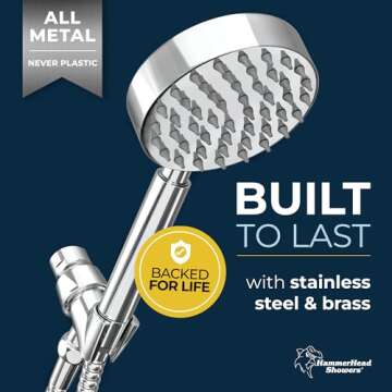 HammerHead Showers® All Metal Low Flow Handheld Shower Head with Hose & Brass Holder - Chrome - Wat...