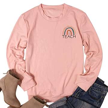 Teacher Sweatshirt Womens Funny Rainbow Graphic Tee Inspirational Teach Shirt Casual Long Sleeve Pul...