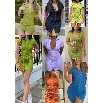 Nihsatin Ruched Front Velvet Shirt Dress for Women Long Sleeve Button Down Bodycon Dresses