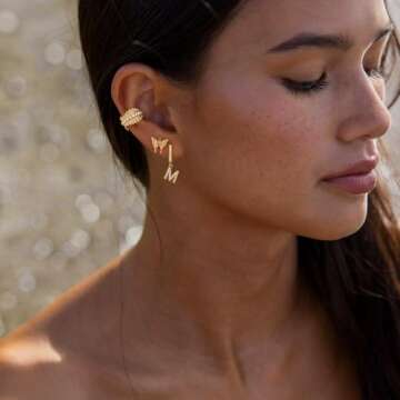 MYEARS Women Huggie Hoop Earrings Gold Initial M Dangle Drop Cubic Zirconia 14K Gold Filled Small Simple Hypoallergenic Personalized Jewelry