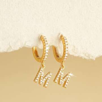 MYEARS Women Huggie Hoop Earrings Gold Initial M Dangle Drop Cubic Zirconia 14K Gold Filled Small Simple Hypoallergenic Personalized Jewelry