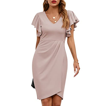 IHOT Women Dress for Wedding Guest to Hide Tummy Bodycon Ruffle Sleeve V Neck Faux Wrap Sheath Club ...