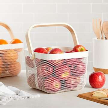 4 Pack Square Metal Mesh Fruit Basket with Wooden Handle for Kitchen, Pantry Storage and Organizatio...