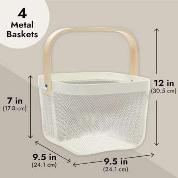 4 Pack Square Metal Mesh Fruit Basket with Wooden Handle for Kitchen, Pantry Storage and Organization (9.5 x 7 In, White)